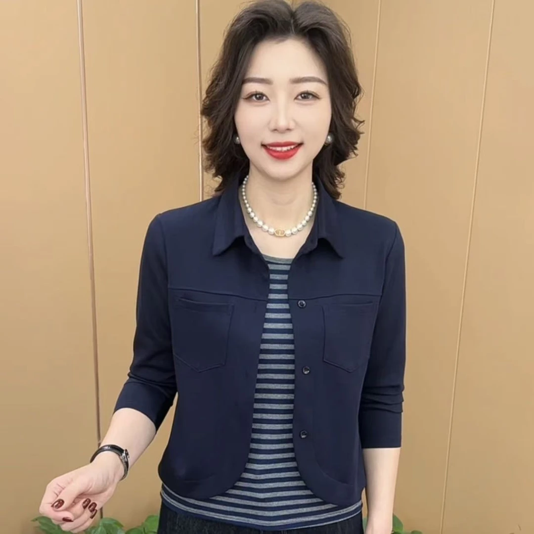 秋季新款时尚翻领假两件洋气妈妈装修身显瘦休闲长袖上衣K2589