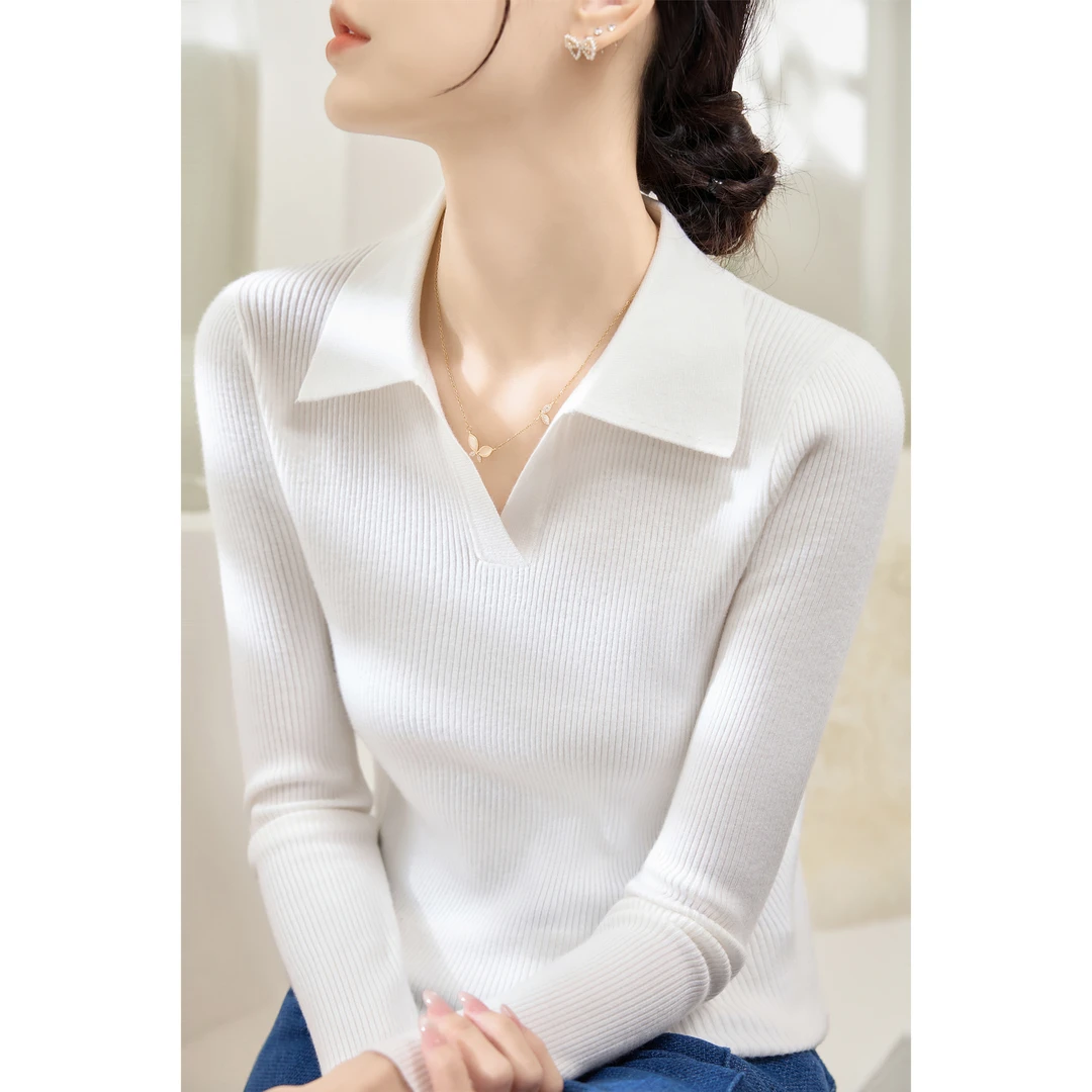白色POLO领毛衣2025秋冬新款修身显瘦长袖针织衫气质套头单穿上衣