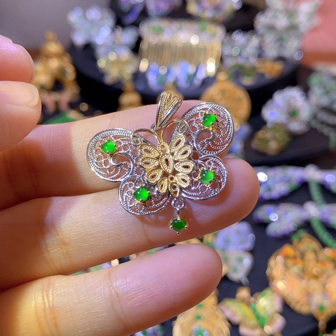 吊坠(不含链)银S925镶嵌翡翠