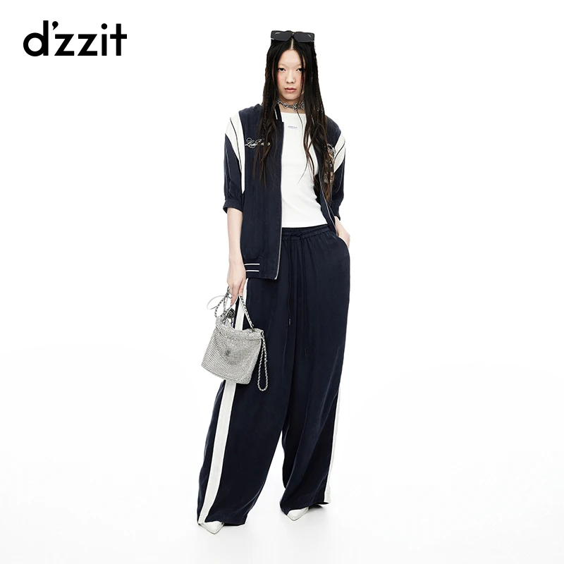 dzzit地素拼接长裤运动风侧边拼条松紧腰休闲直筒裤女3I2Q412