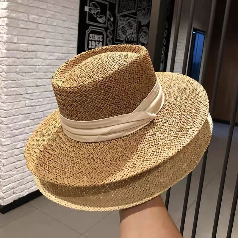 夏季新款法式英伦感草帽夏日硬壳防晒海边和野餐平顶草帽WG252044