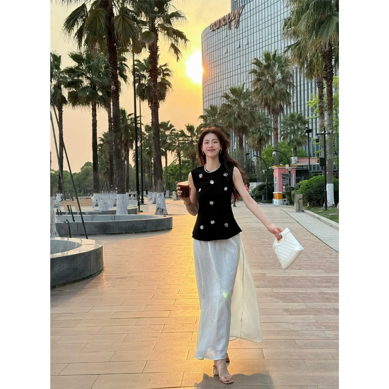 33【黑钻套装】高个子穿搭修身显瘦 赫本风黑钻背心高腰半身裙套装