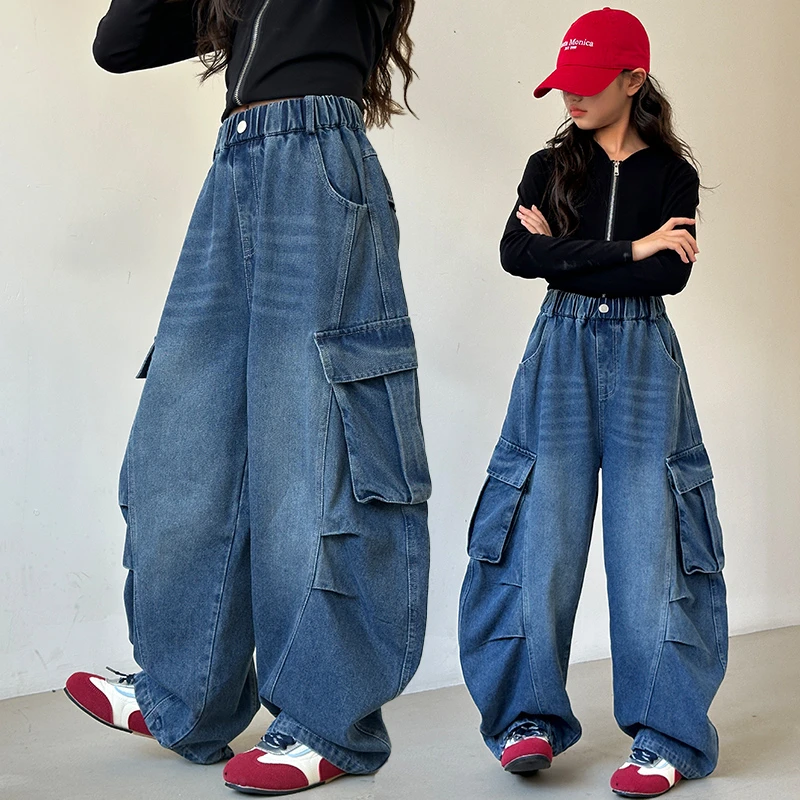 女童秋季工装牛仔裤2025新款儿童韩系百搭中大童女孩弯刀阔腿裤潮