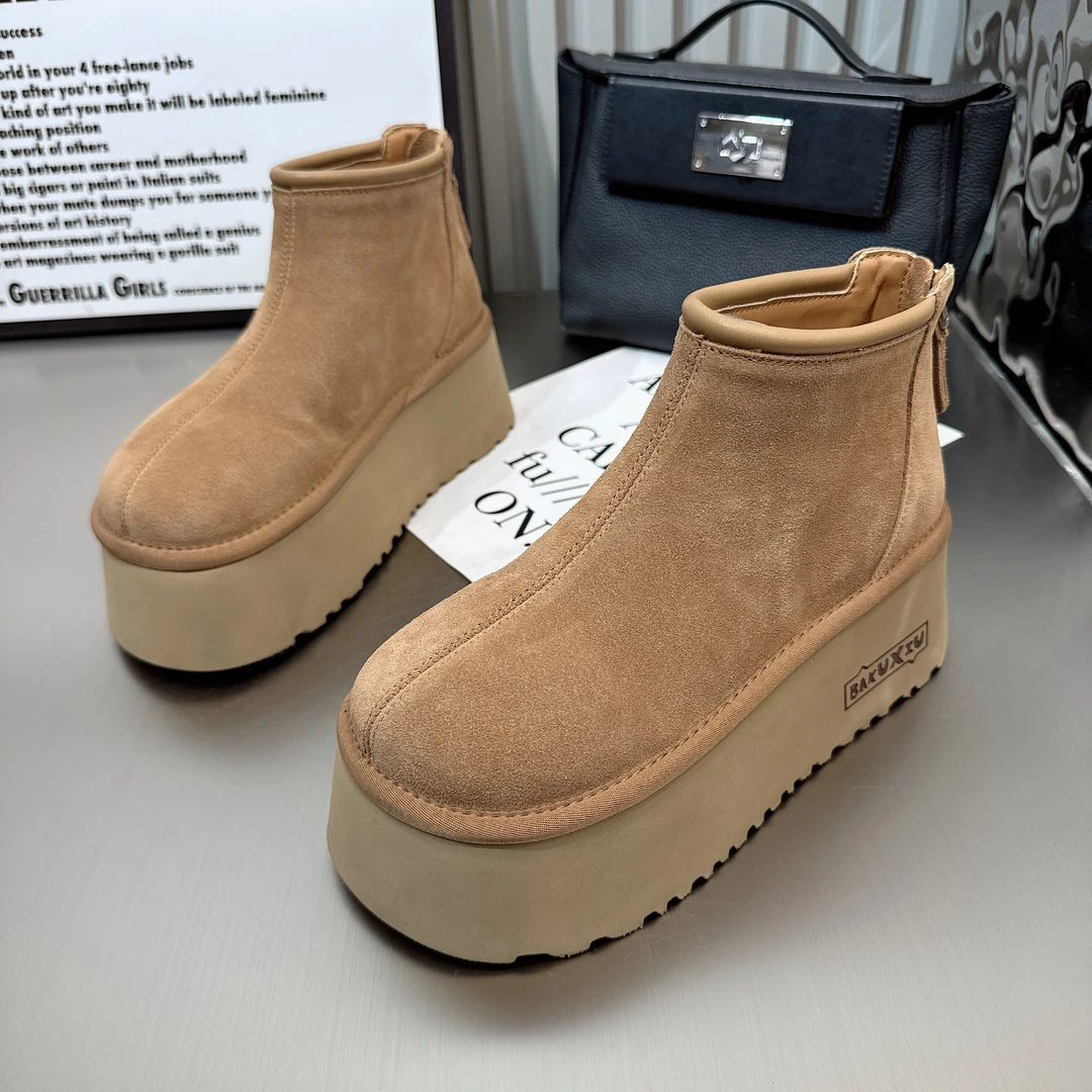 纯皮松糕厚底马丁靴女短靴面包鞋冬季防滑加厚加绒雪地棉鞋靴子