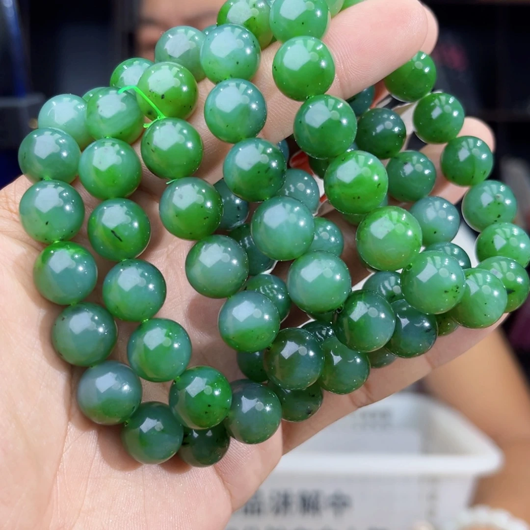 和田玉未镶嵌手串纯天然俄罗斯五号矿冰阳绿卡12多样性发其一