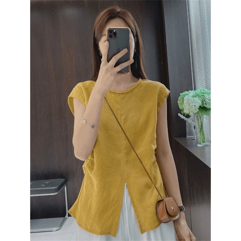 开叉圆领棉麻无袖衬衫女夏季大码胖mm收腰绝美别致飞飞袖小衫上衣