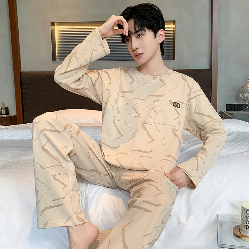 2025春秋100%纯棉睡衣男士薄款套装家居服全棉青年休闲套头H6407