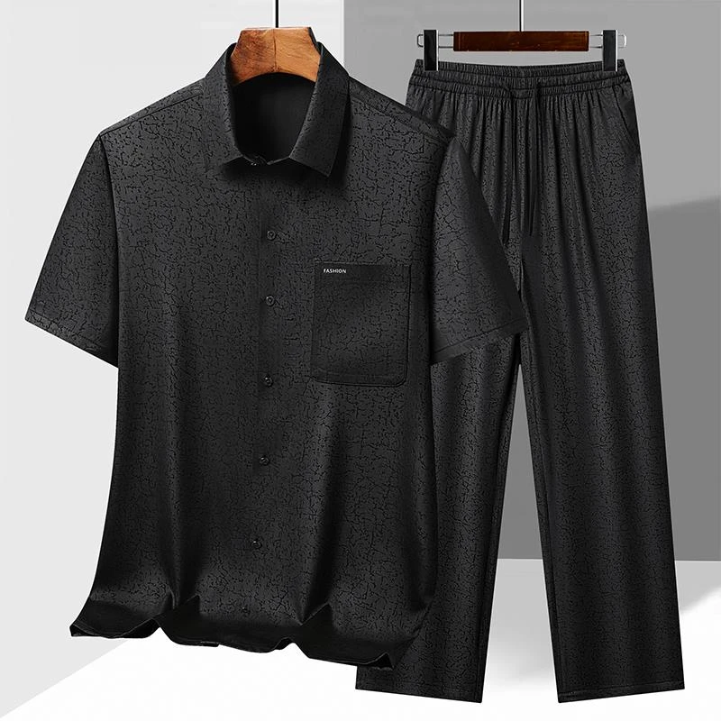 爸爸夏装套装液氨冰丝短袖衬衫薄款长裤男中老年人爷爷休闲两件套