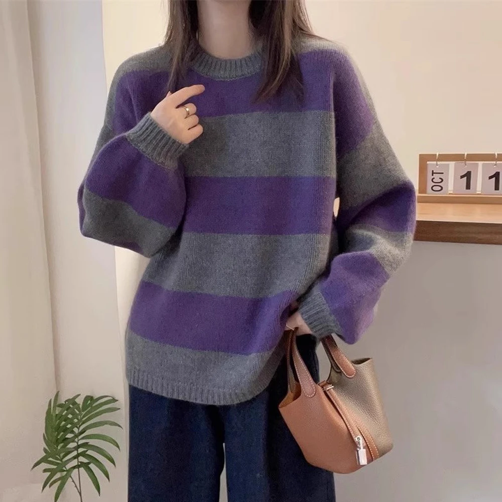 韩版时尚宽松圆领撞色条纹秋冬新款复古休闲减龄显瘦百搭针织衫女