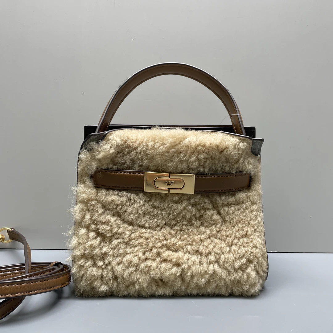 95新 TORY BURCH/汤丽柏琦 lee棕色毛绒手提包19*16*9cmMB112301