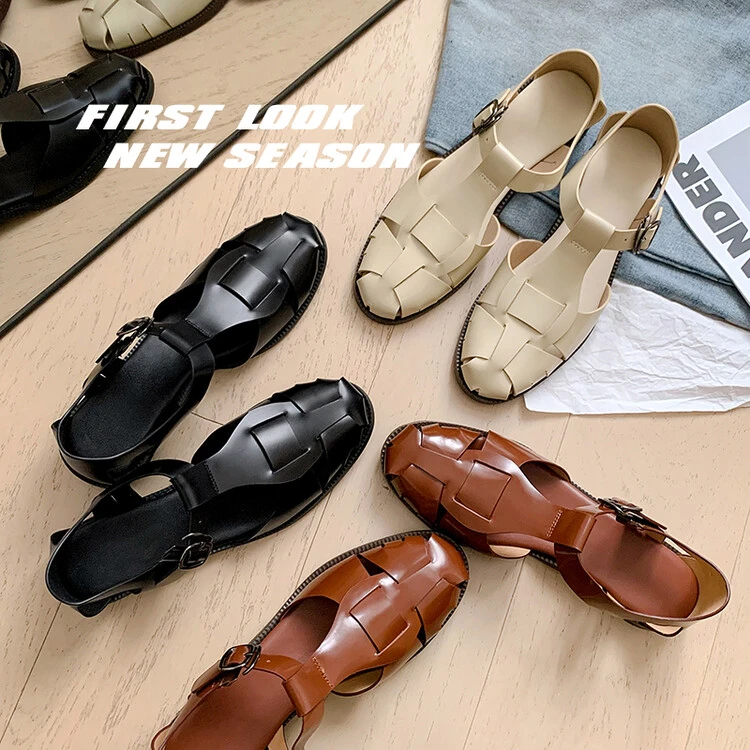 533-1/【设计师系列】2.5CM牛皮凉鞋英伦包头低跟复古编织罗马鞋