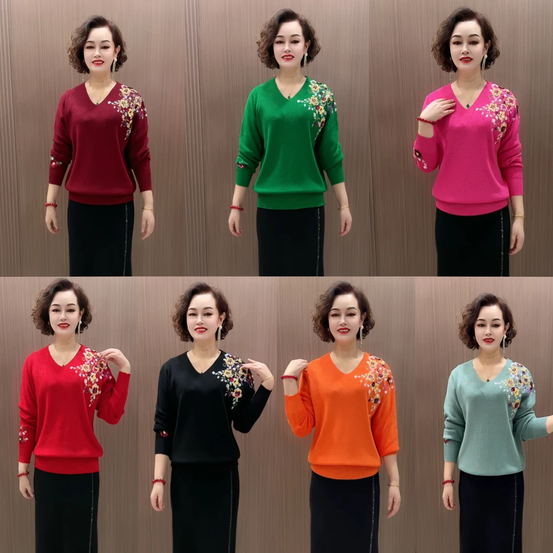 G秋冬新款V领长袖重工钉珠绣花显瘦减龄洋气百搭中年妈妈针织衫