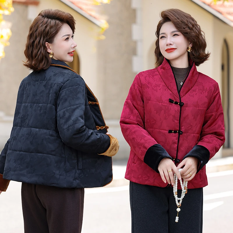 立领纯色棉服棉衣女中式夹棉外套半开领长袖厚款
