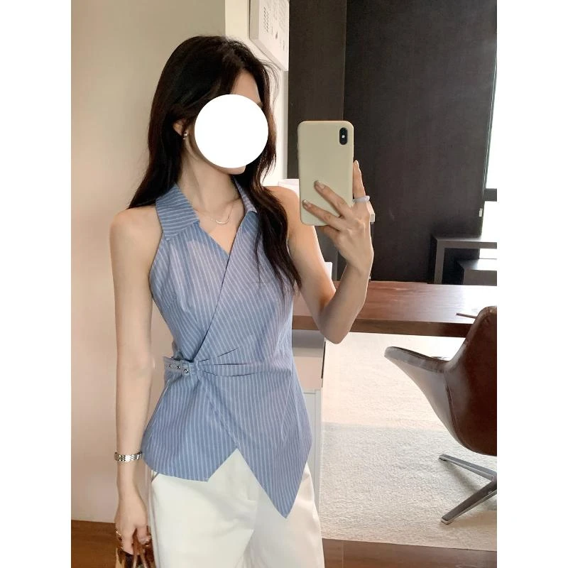 设计感翻领挂脖条纹收腰无袖上衣女夏季气质显瘦度假风背心