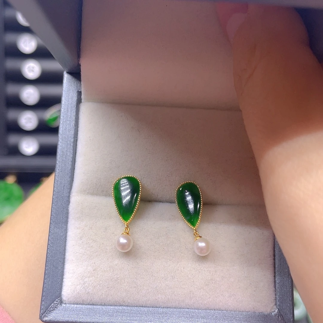 竹***语翡翠18K金镶嵌耳饰天然翡翠