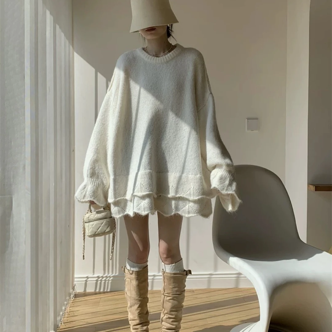 百和原创花边灯笼袖套头羊毛衣女秋冬季慵懒风