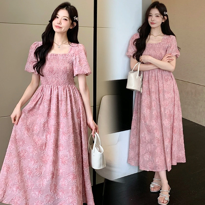 hmdd6220法式提花短袖连衣裙女2025夏季新款甜美减龄粉色中长裙