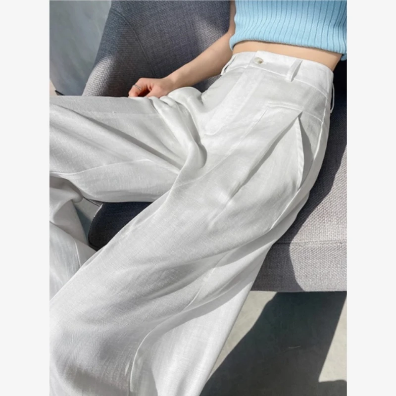 白色天丝亚麻阔腿裤女夏季2025新款高腰显瘦垂感宽松棉麻西装裤子