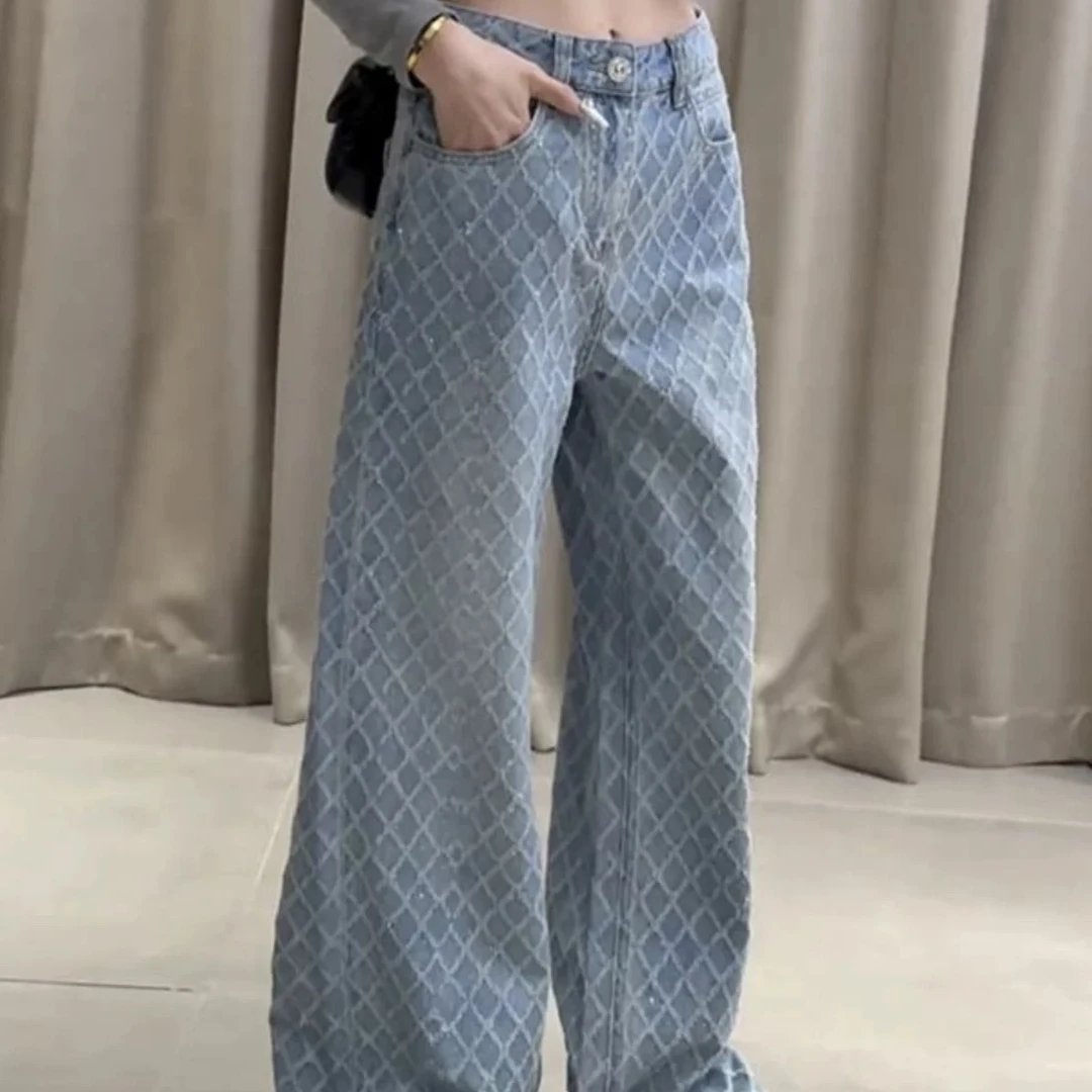 2506056小众时尚压印高腰牛仔直筒裤女复古休闲潮流25春夏新款