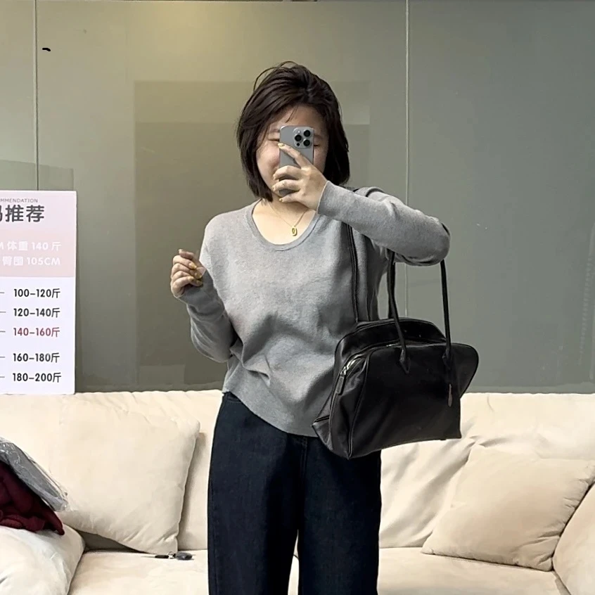 大码微胖长袖“chao显瘦”灰色U型水滴领2025春季新款百搭针织