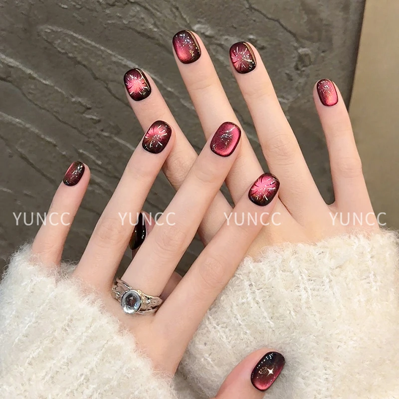 【梦幻烟花】纯手工穿戴甲2025秋冬款爆闪变色猫眼显白高级感美甲