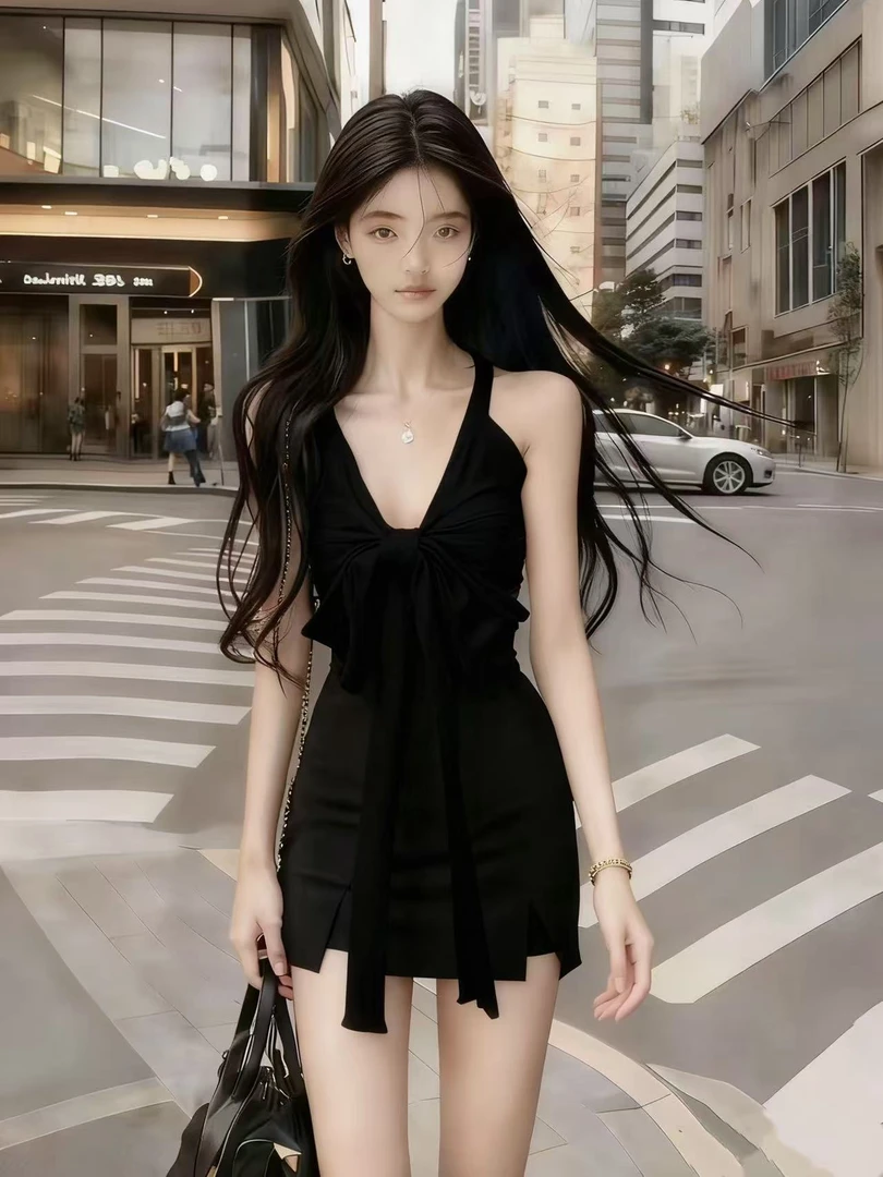 韩版时尚气质名媛辣妹风纯黑色无袖V领挂脖修身高腰包臀连衣裙
