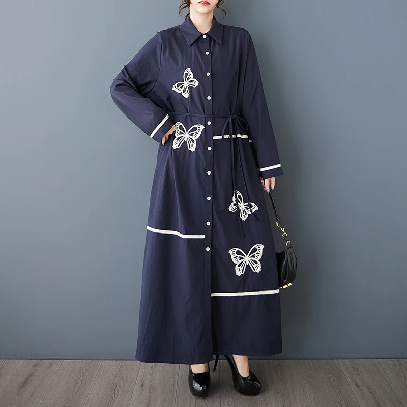 设计感法式文艺大码时尚过膝长裙复古刺绣拼接显瘦气质衬衫连衣裙