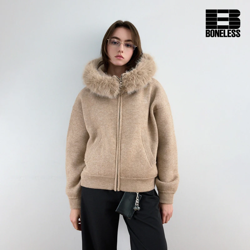 BONELESS可拆毛领连帽拉链毛织外套宽松复古老钱风针织衫毛衣