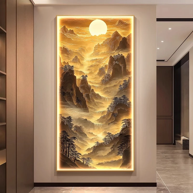 轻奢日照金山玄关装饰走廊过道挂画新中式入户门正对挂画装饰画