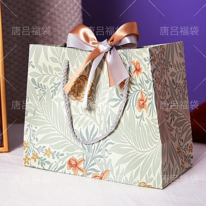 【可开票】ins风百合花纹礼品袋蝴蝶结手提袋零食收纳袋丝带包装袋g