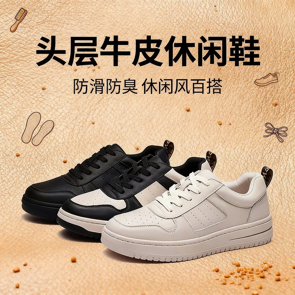 空二代 头层牛皮秋冬新款男士运动休闲鞋男款真皮百搭鞋子板鞋