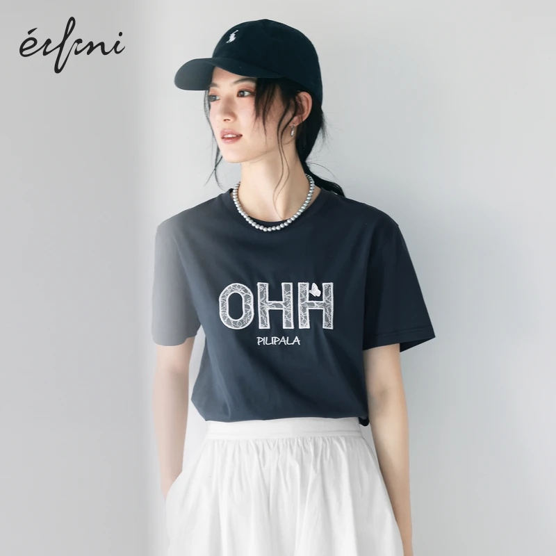 伊芙丽100%棉蕾丝字母T恤25夏季立体蝴蝶欧若假日风上衣1G2901061