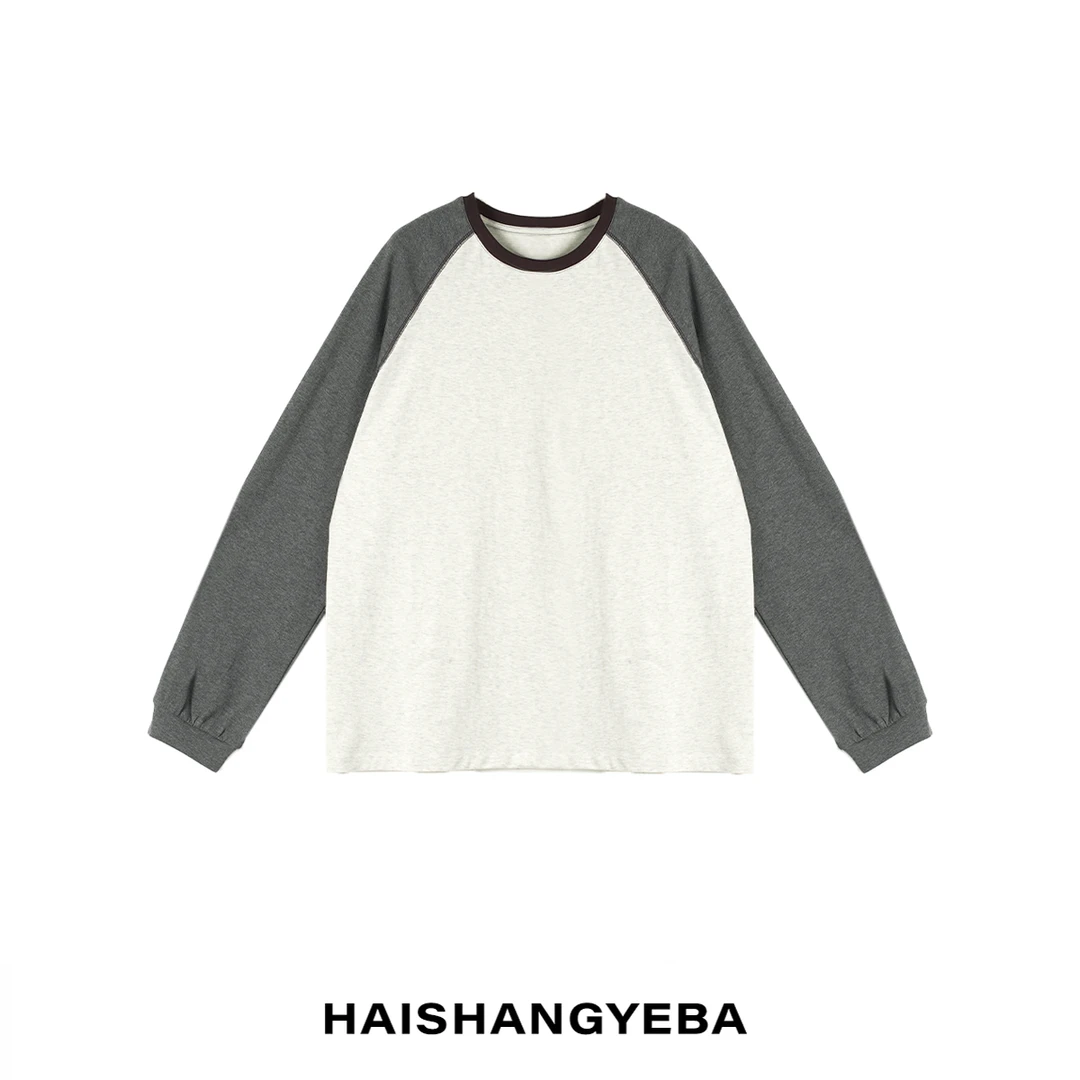 【海上叶爸】新款2025春秋百搭宽松圆领拼色简约通勤休闲T恤