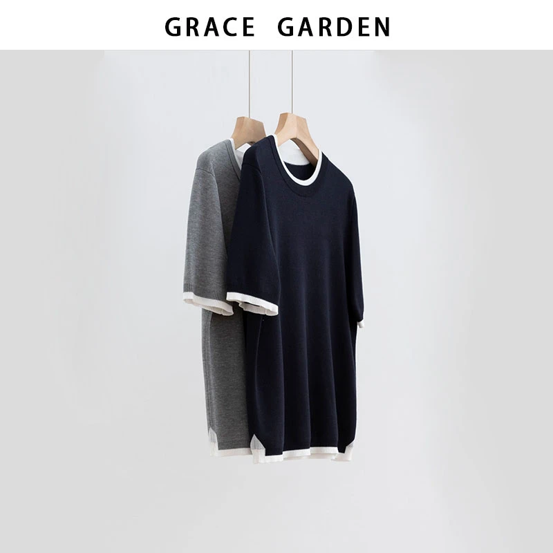 GRACE GARDEN【撞边针织！220g】圆领美式拼接假两件针织衫ZZS5D2901