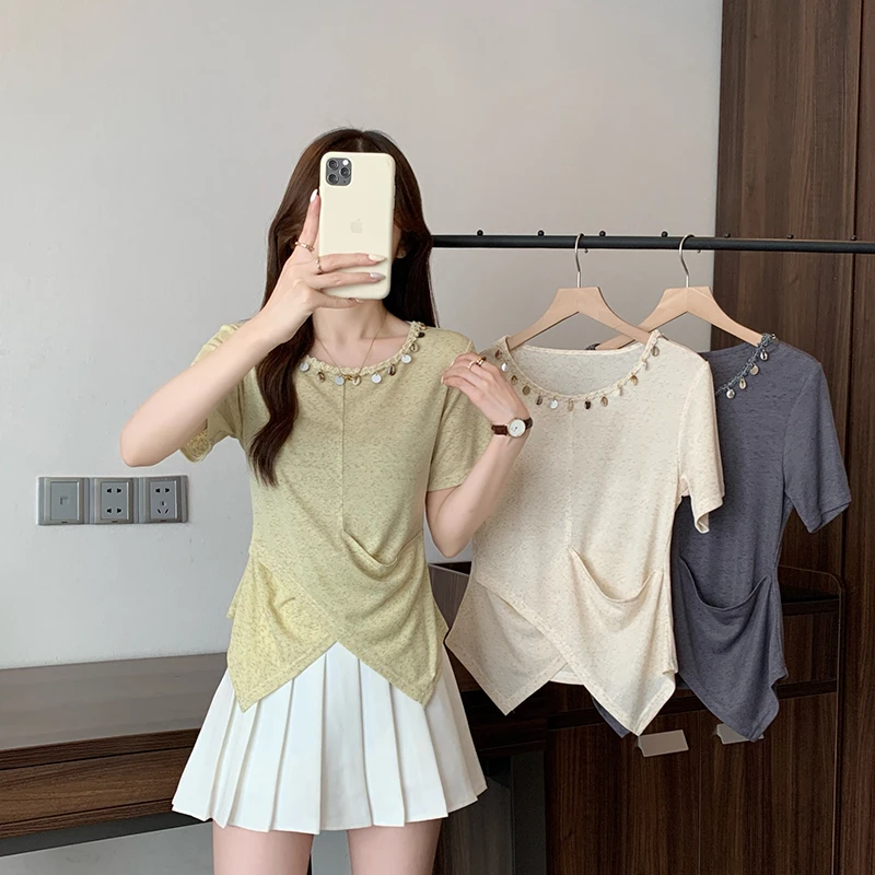 夏装新款胖mm大码女时尚设计感流苏贝壳不规则短袖T恤
