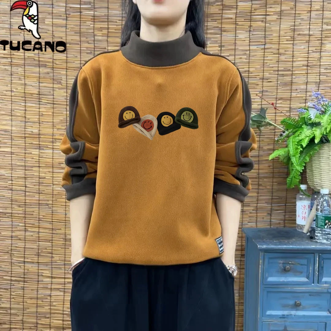 啄木鸟双面德绒打底衫上衣女秋季新款高领拼接显瘦设计感长袖T恤