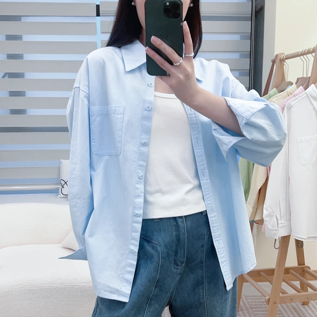 【100%棉】高级感百搭慵懒廓形衬衣宽松防晒衬衫女爆款洋气蓝色衬衫