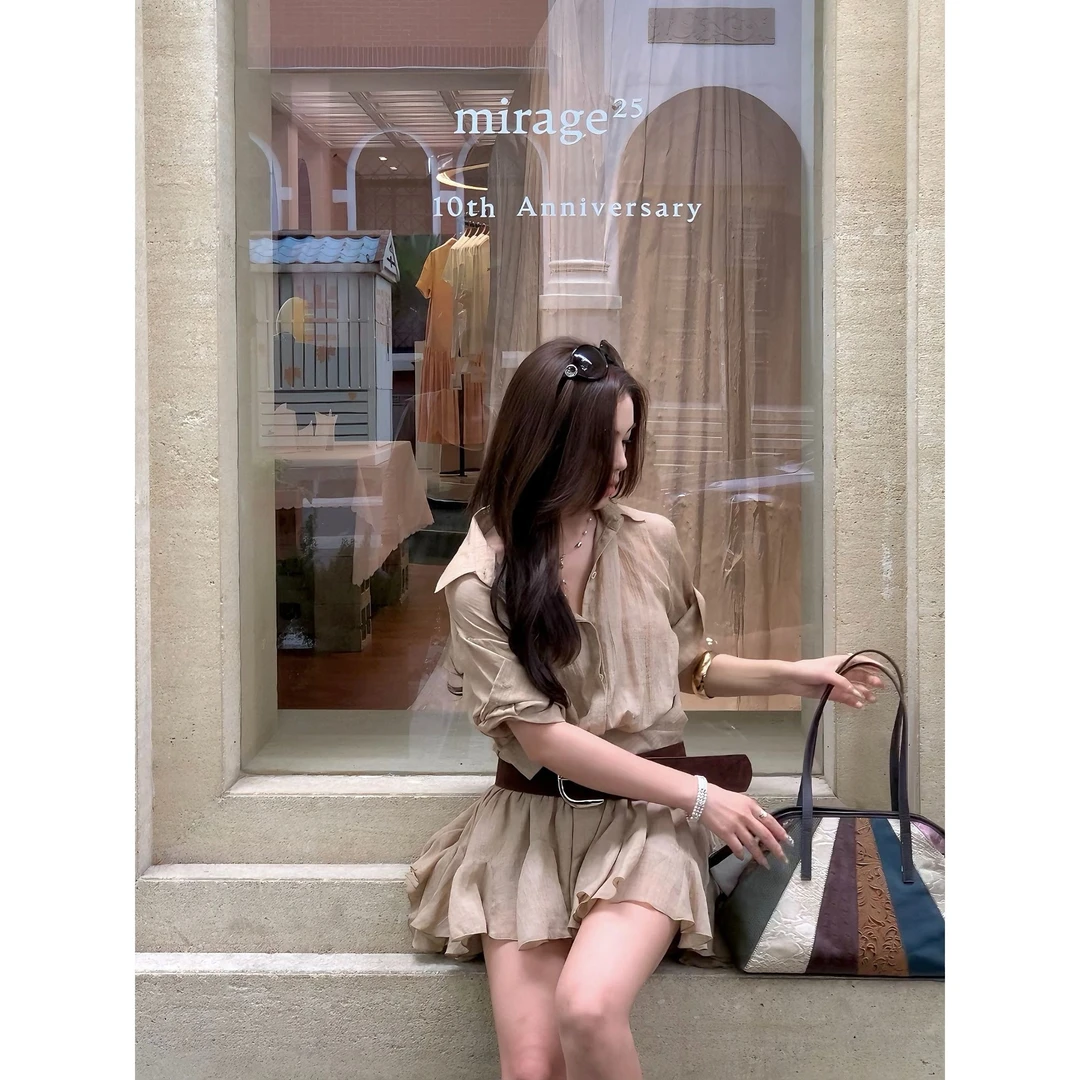 【椰影白沙】赠打底裤+腰带夏季新款女衬衫连衣裙衬衫百褶法式套装