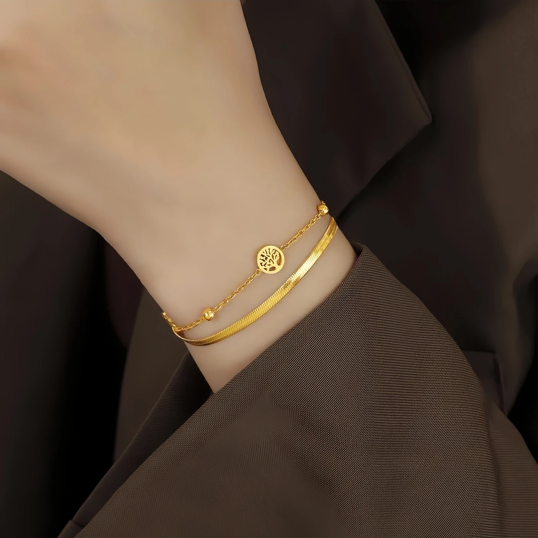 钛钢手链 不掉色欧美复古百搭手链女小众双层镂空大树蛇骨链手饰