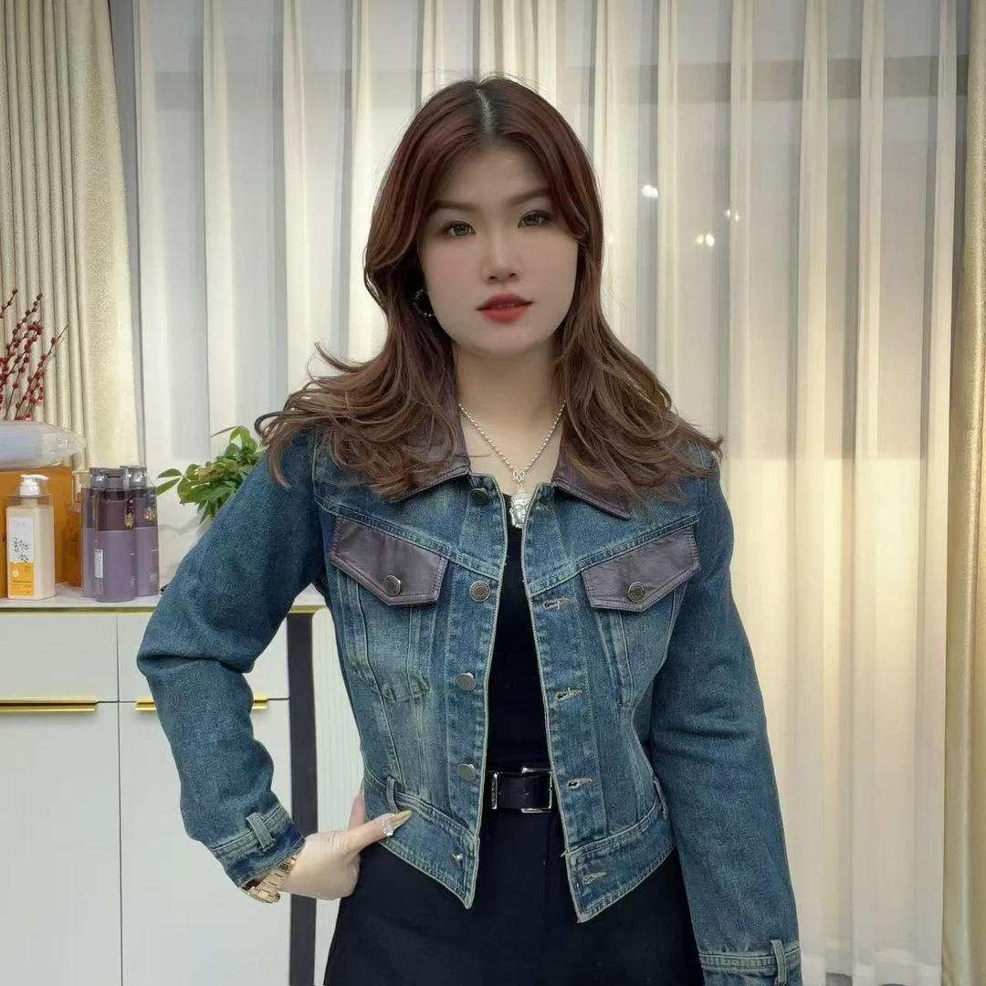 小鑫肝@现货浮力重工拼皮翻领带扣休闲百搭短外套 6628