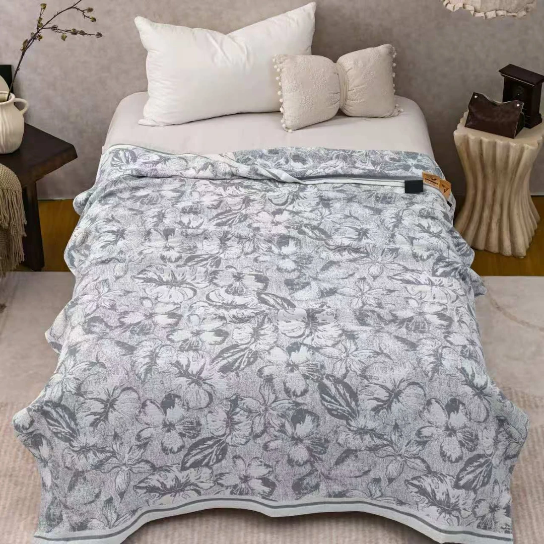 【青莎】】床盖-单人烟岚花事-灰-150*200cm 定制款麻床盖可机洗