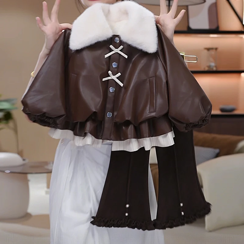 女童冬季加厚保暖套装2025新款女孩洋气毛领皮衣外套喇叭裤两件套