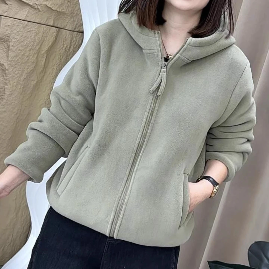 冬季爆款老钱风潮流连帽加绒加厚宽松显瘦开衫拉链女百搭外套卫衣