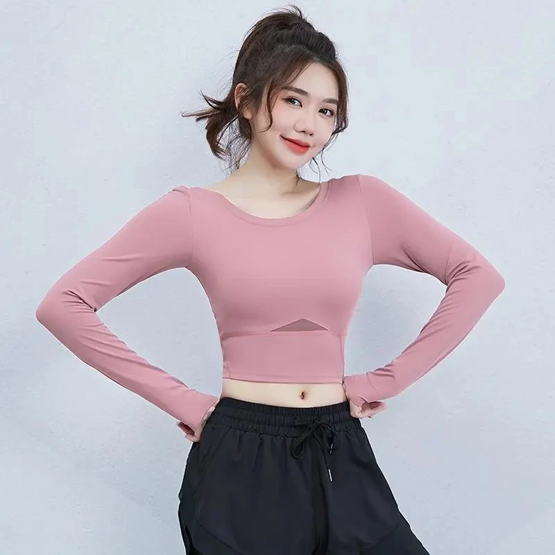 运动透气上衣女薄款速干衣时尚短款健身房训练显瘦瑜伽服长袖女