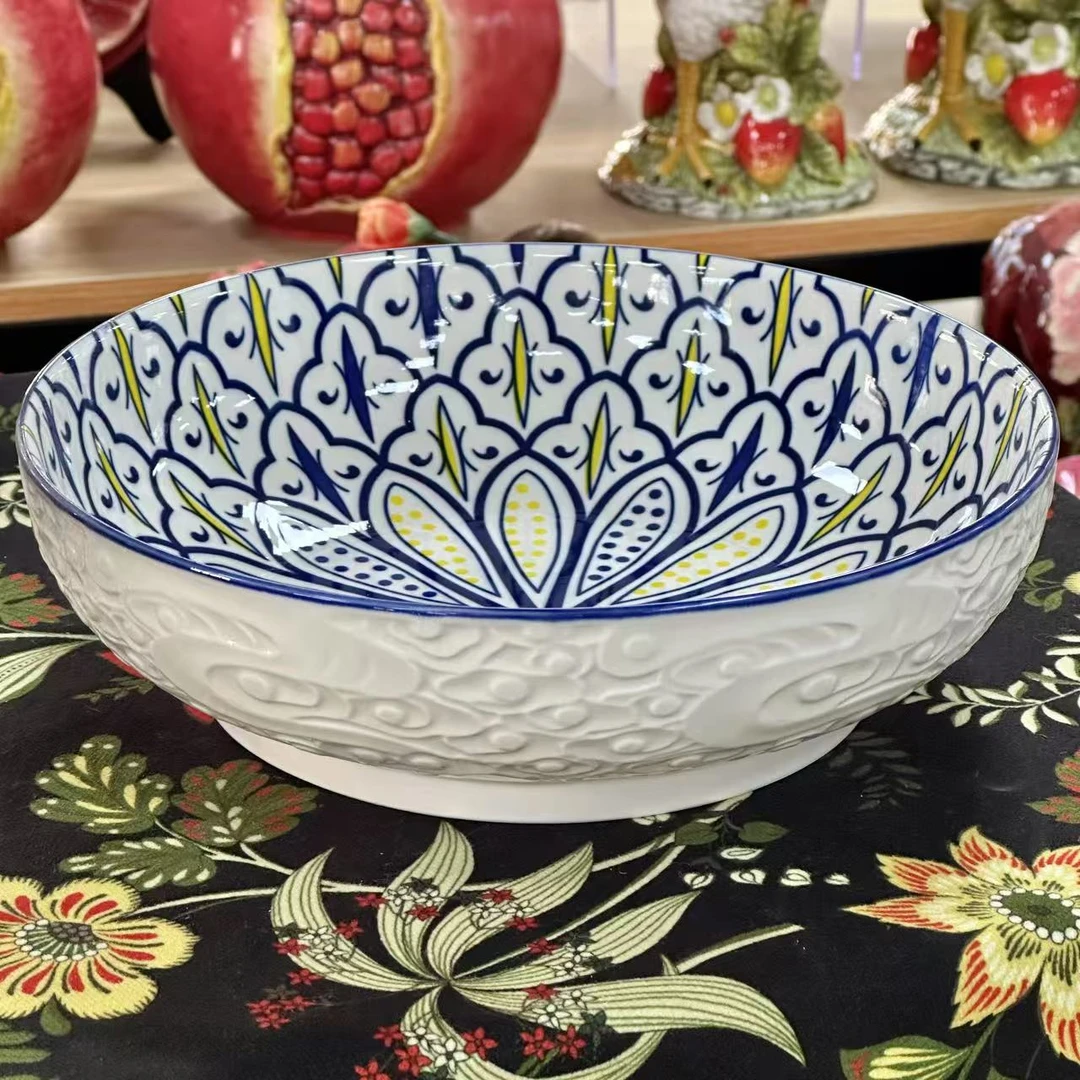蓝菊花-9英寸祥云浮雕汤碗中国风高颜值釉下彩陶瓷日用餐具家用