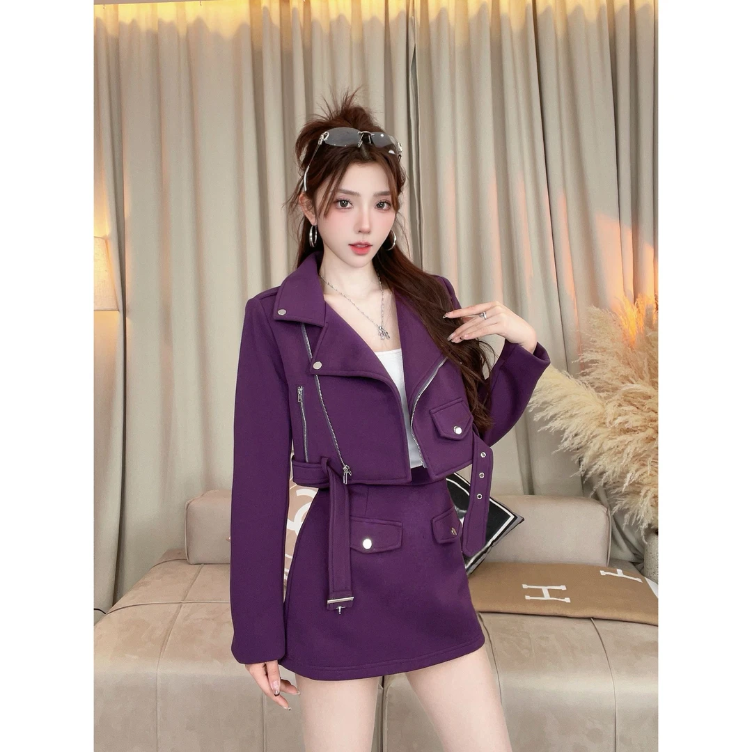 【暮色紫霞】秋季新款流行修身外套显瘦高腰裙裤两件套高级感#2034