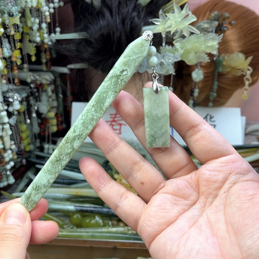 蛇纹石玉发饰未镶嵌长度15厘米左右