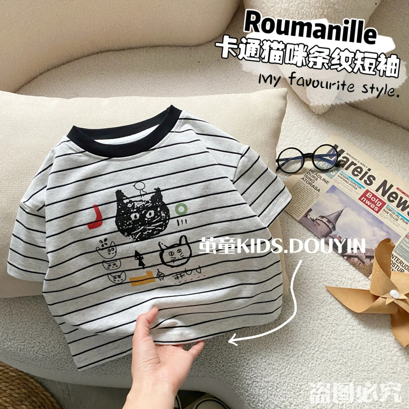 【麦麦妈】X097夏季小童卡通条纹小猫咪短袖T恤新品男女宝宝百搭衣