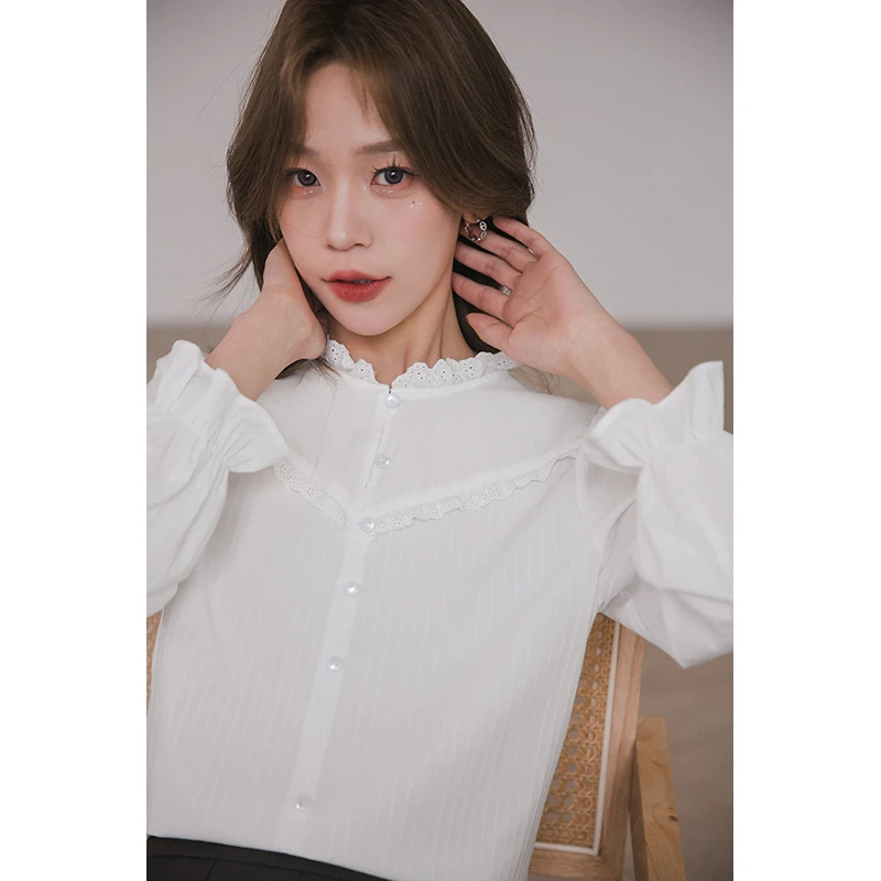 【早安衬衫】竖条肌理/花边领/泡泡袖长袖春季温柔风花边衬衫衬衣