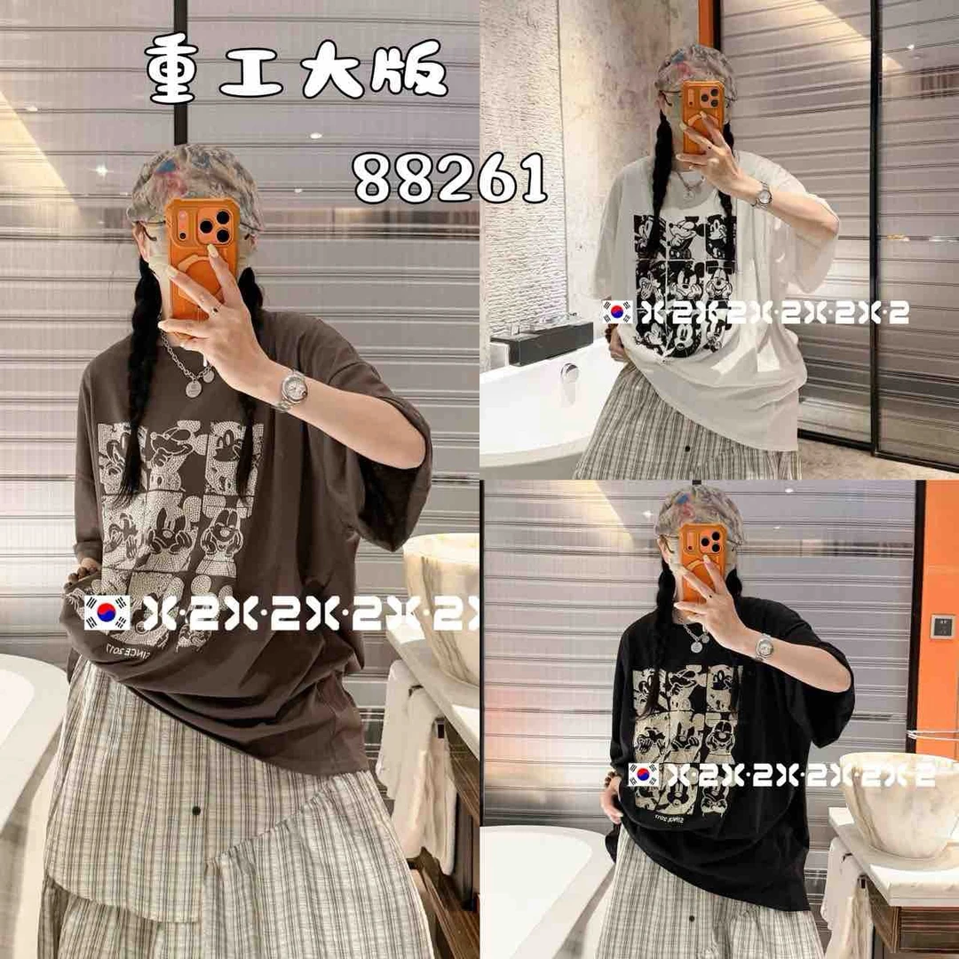 【大牌姐】88261夏季新款九宫格米奇印花宽松短肥减龄百短袖
